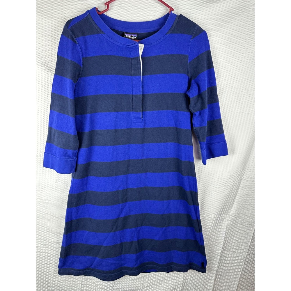 Patagonia Women's Striped Tunic Dress Blue & bla 3/4 Sleeve MEDIUM